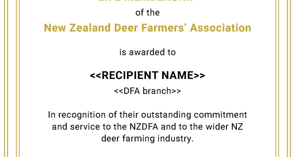 NZDFA Life Membership certificate